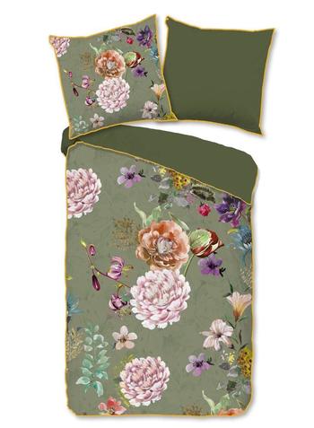 Bettwäsche Bio-Baumwollsatin, Parma, Blumen, Olivgrün