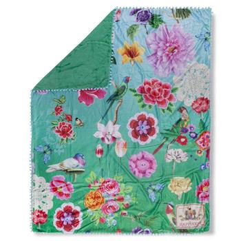 Plaid/ Wohndecke Polyvelvet, Pompons, Suzy, Blumen, Türkis/ Grün