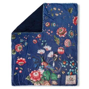 Plaid/ Wohndecke Polyvelvet, Pompons, Cooper, Blumen, Blau