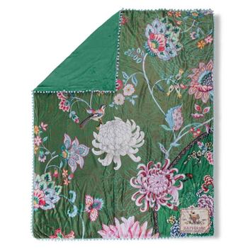 Plaid/ Wohndecke Polyvelvet, Pompons, Ming, Blumen, Grün