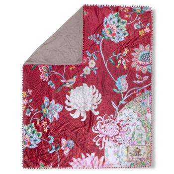 Plaid/ Wohndecke Polyvelvet, Pompons, Ming, Blumen, Rot