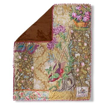 Plaid/ Wohndecke Polyvelvet, Pompons, Sasha, Blumen, Ocker