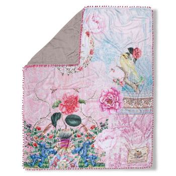 Plaid/ Wohndecke Polyvelvet, Pompons, Jasmin, Blumen, Rosa