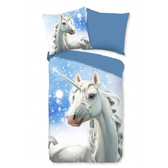 Kinder Bettwäsche Flanell/ Biber, Einhorn/ Pferd, Blau