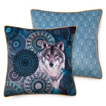 Dekorative Kissen, Polyvelvet, Kiska, Wolf und Mandalas, Petrol
