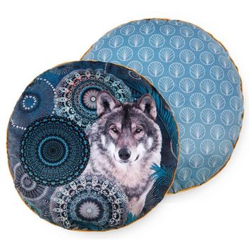 Dekorative Kissen, Rund, Polyvelvet, Kiska, Wolf und Mandalas, Petrol