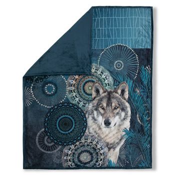 Plaid/ Wohndecke Polyvelvet, Kiska, Wolf und Mandalas, Petrol