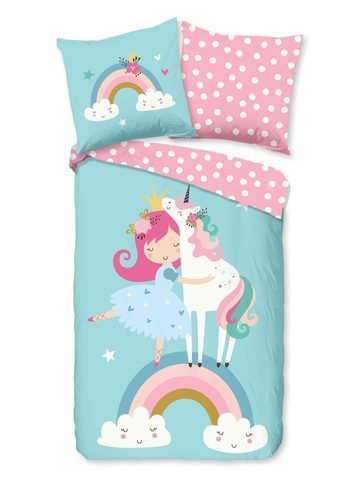 Kinder Bettwäsche, Baumwolle, Regenbogen/ Einhorn, Türkis/ Rosa