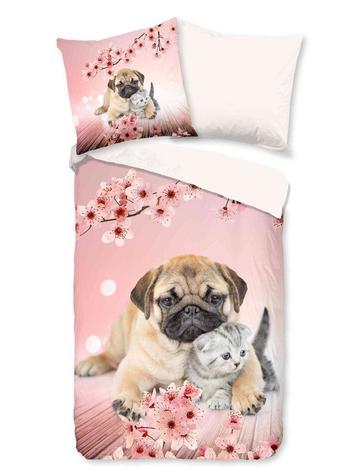 Bettwäsche Mikrofaser, Hund und Katze, Rosa