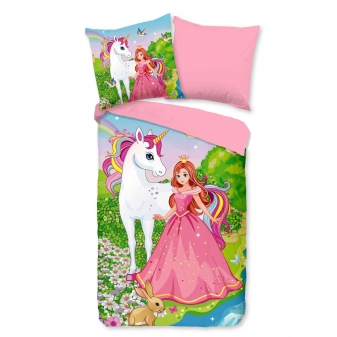 Kinder Bettwäsche, Baumwolle, Einhorn und Prinzessin Märchen, Multi