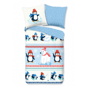 Kinder Bettwäsche Flanell/ Biber, Pinguine, Blau/ Weiß