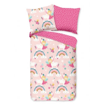 Kinder Bettwäsche Flanell/ Biber, Einhorn/ Regenbogen, Rosa