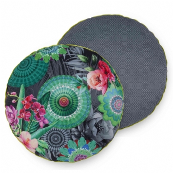 Dekorative Kissen, Rund, Polyvelvet, Thirze, Blumen und Mandala, Anthrazit