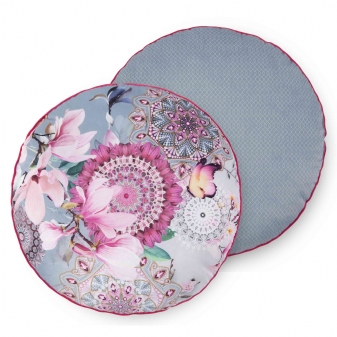 Dekorative Kissen, Rund, Polyvelvet, Inaya, Blumen und Mandala, Grau