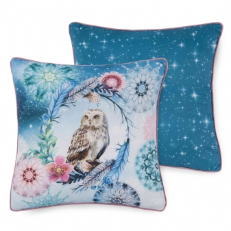 Dekorative Kissen, Polyvelvet, Kolya, Eule und Mandala, Blau