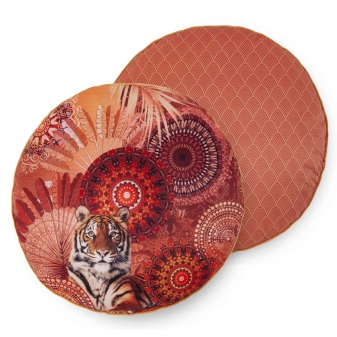 Dekorative Kissen, Rund, Polyvelvet, Anakin, Tiger und Mandalas, Terrakotta