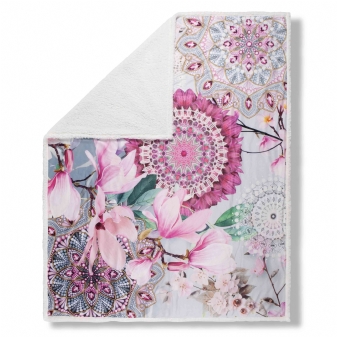 Plaid/ Wohndecke, Polyvelvet/ Sherpa, Inaya, Blumen und Mandalas, Grau