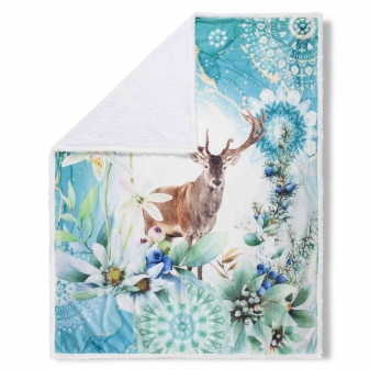 Plaid/ Wohndecke, Polyvelvet/ Sherpa, Xela, Hirsch und Mandalas, Multi
