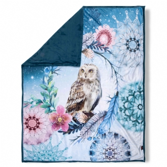 Plaid/ Wohndecke Polyvelvet, Kolya, Eule und Mandala, Blau