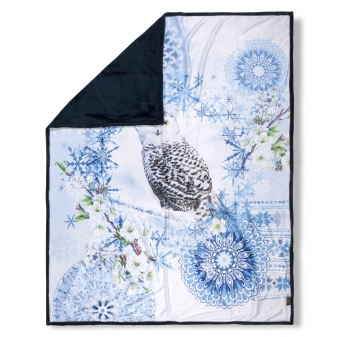 Plaid/ Wohndecke Polyvelvet, Phalini, Schnee-Eule und Mandalas, Blau