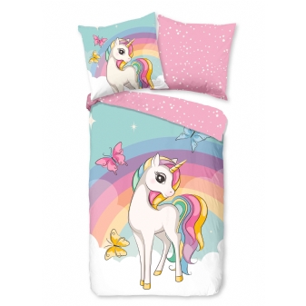 Kinder Bettwäsche, Baumwolle, Einhorn und Regenbogen, Multi