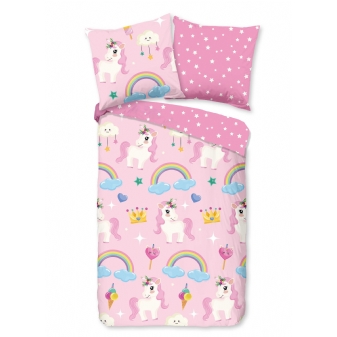 Kinder Bettwäsche, Baumwolle, Einhorn und Regenbogen, Rosa/ Violett