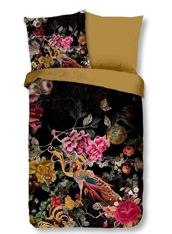 Bettwäsche Mikrofaser, Blumen, Schwarz/ Ocker