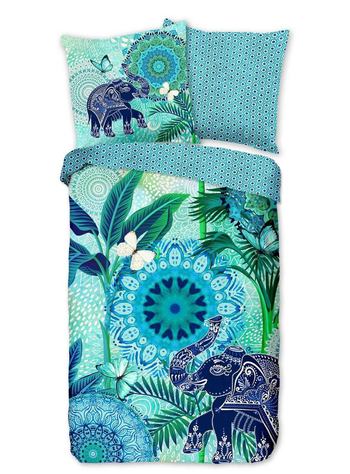 Bettwäsche Baumwolle Satin, Hip, Isara, Elefant, Blau/ Grün