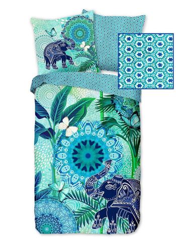 Bettwäsche Baumwolle Satin, Hip, Isara, Elefant, Blau/ Grün