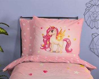 Kinder Bettwäsche, Baumwolle, Einhorn mit regenbogen, Rosa
