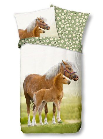 Kinder Bettwäsche, Baumwolle, Haflinger Pferde, Grün