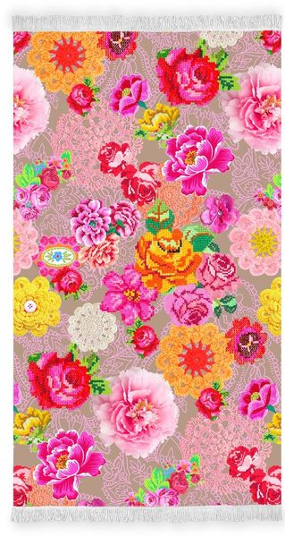 Strandtuch, Baumwolle Velours, Happiness, Woodstock, Fransen, Blumen, Multi