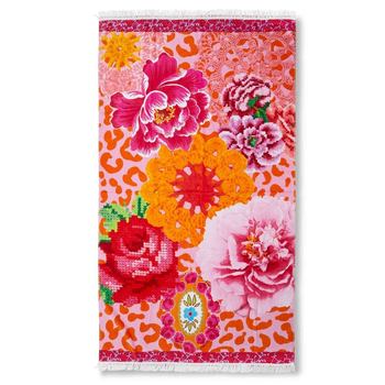 Strandtuch, Baumwolle Velours, Happiness, Liberty, Fransen, Blumen, Rot/ Rosa